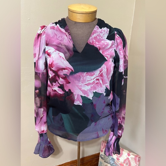 Express Whimsical Floral Print Sheer Balloon Sleeve Flutter Cuff Top Small - Picture 2 of 10